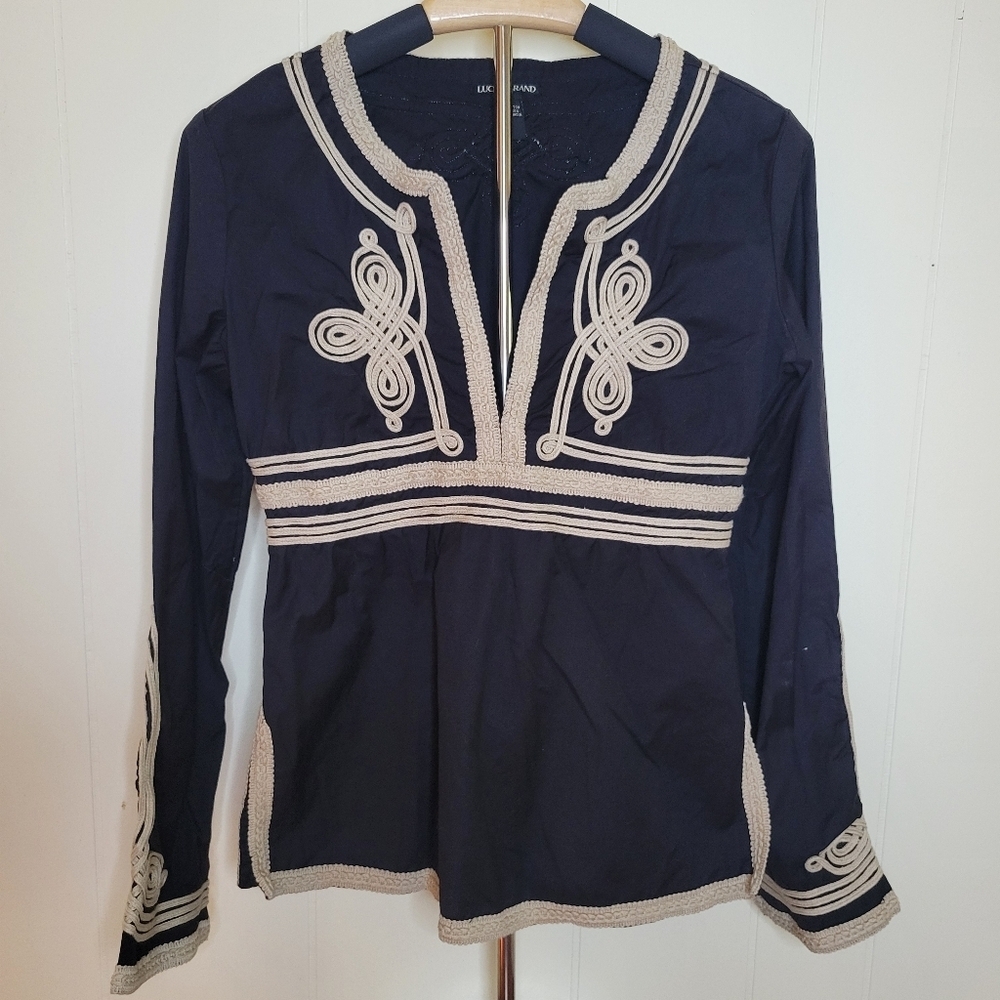 Lucky Brand Black Tan Cotton Embroidered Long Sleeve Boho Top